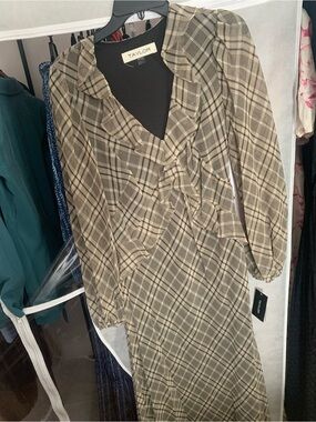 Taylor Olive and Beige Plaid Long Sleeve Tie-Waist Dress
